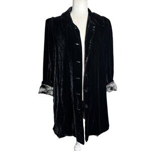 Lily Black Silk Velour Velvet Button Up Duster Coat Medium Floral Lined Pockets